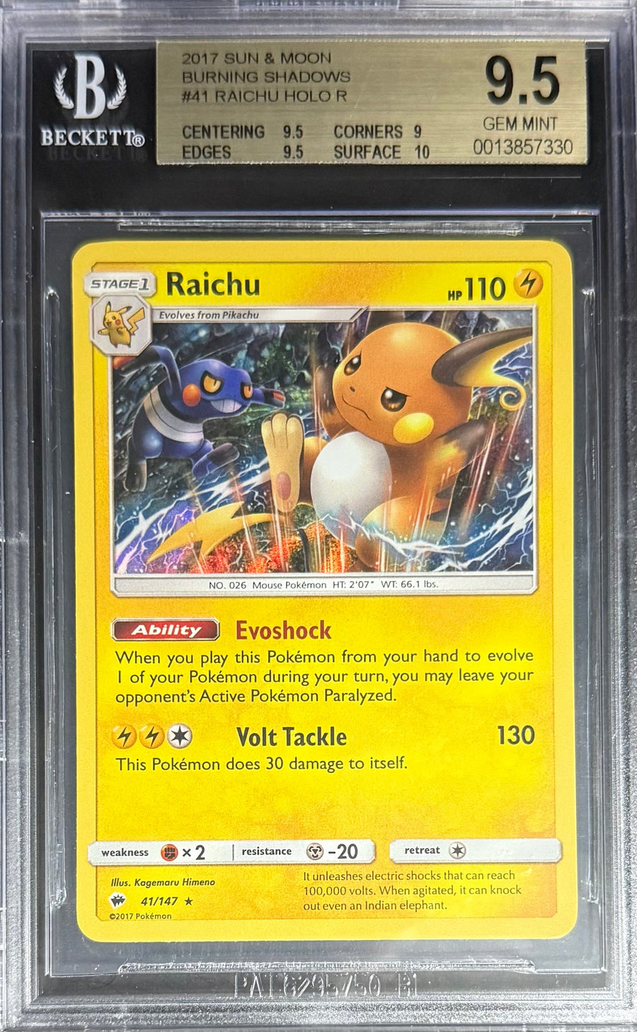Pokemon Raichu 41/147 Holo Pokemon Sun & Moon Burning Shadows 2017 Beckett BGS 9.5
