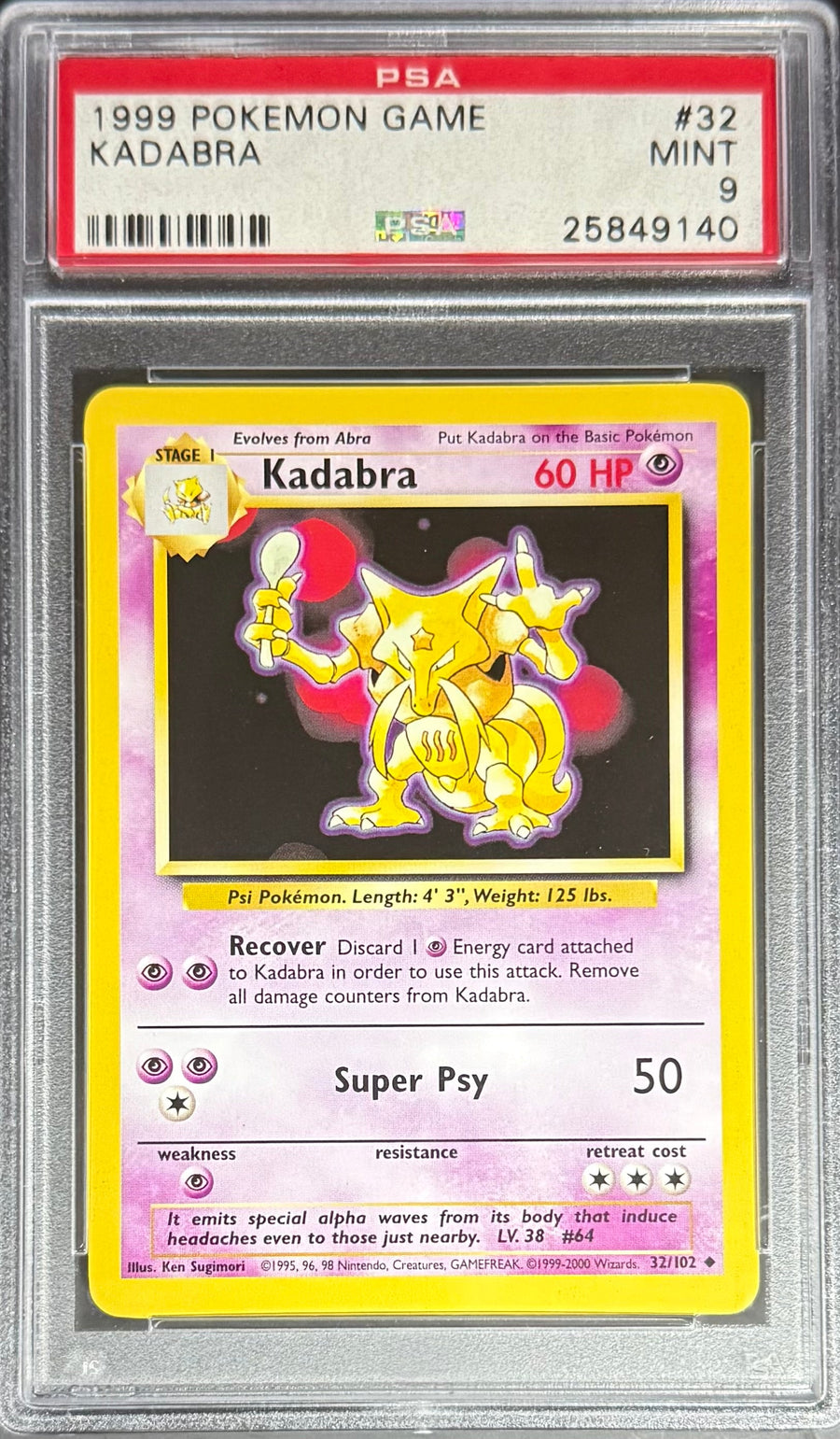 Pokemon Kadabra 32/102 Pokemon Game 1999 PSA9