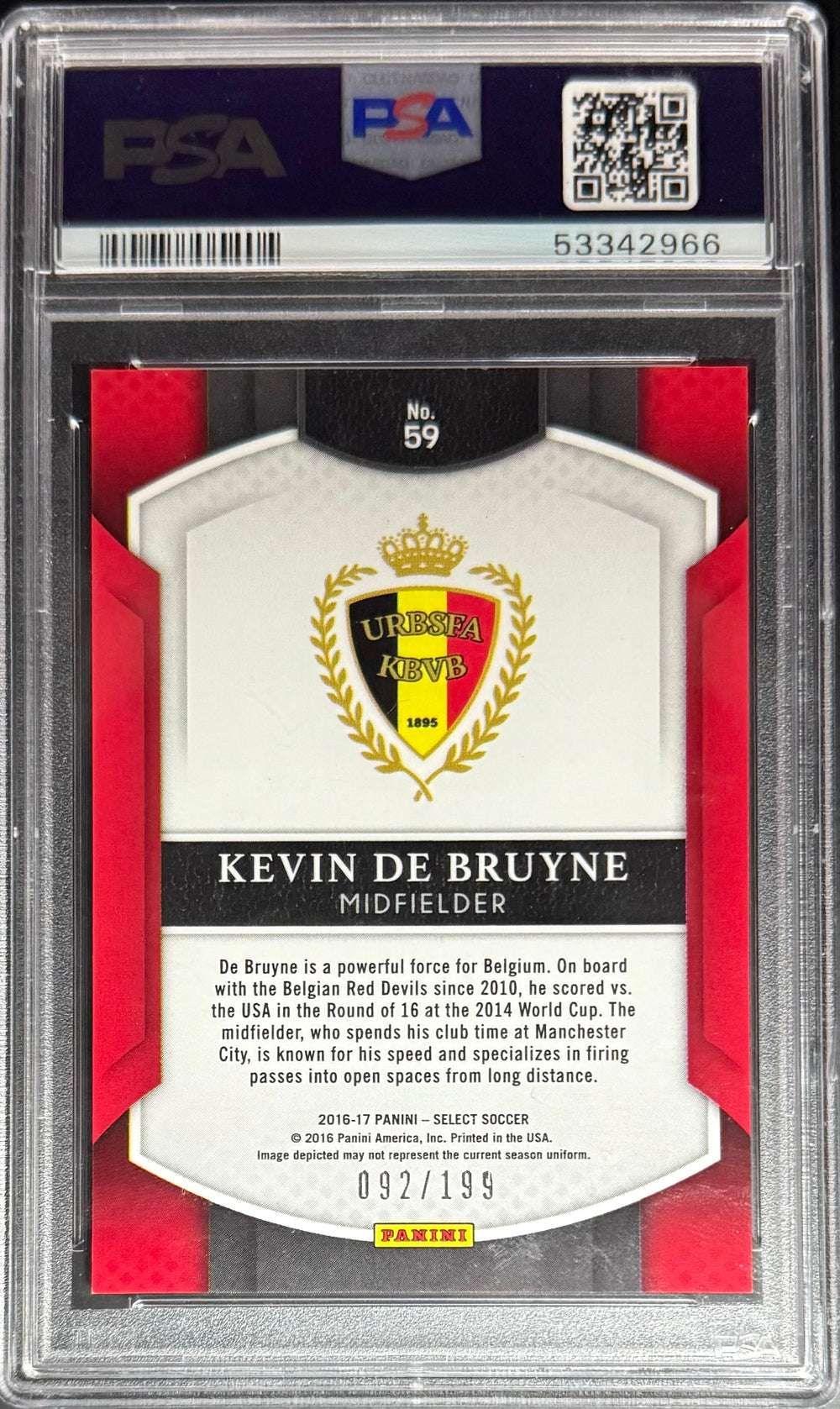 Panini Kevin De Bruyne Red Prizm /199 Panini Select 2016 #59 PSA9
