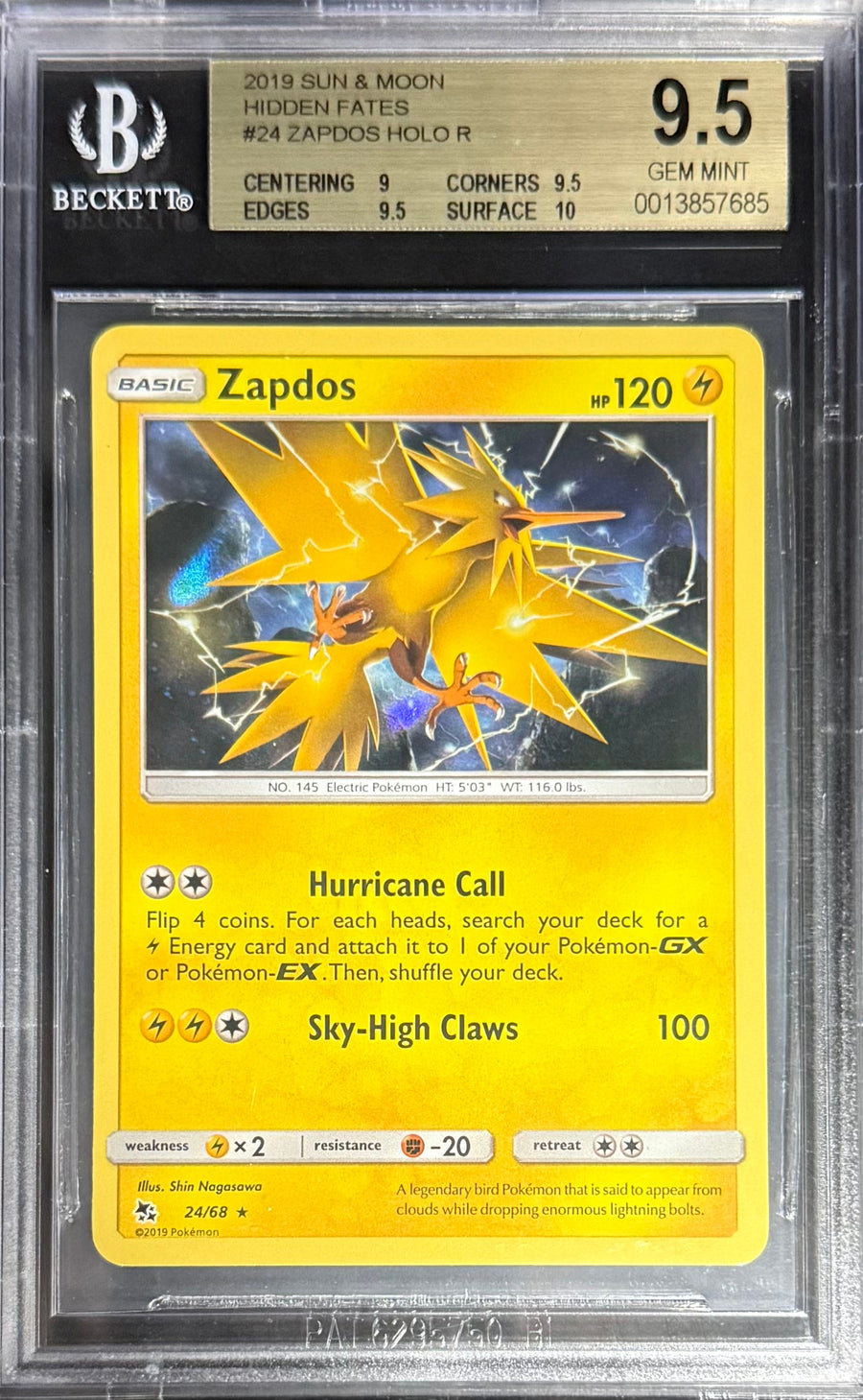 Pokemon Zapdos 24/68 Holo Pokemon Sun & Moon Hidden Fates 2019 Beckett BGS 9.5