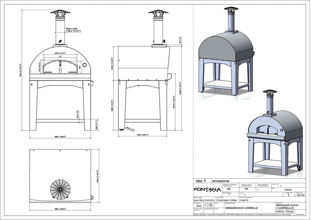 Fontana Mangiafuoco Anthracite Wood Pizza Oven Including Trolley