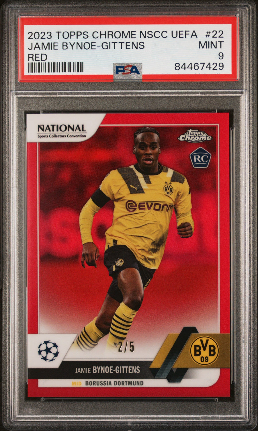 Topps Jamie Bynoe-Gittens Red Refractor /5 Chrome NSCC UEFA 2023 #22 PSA9