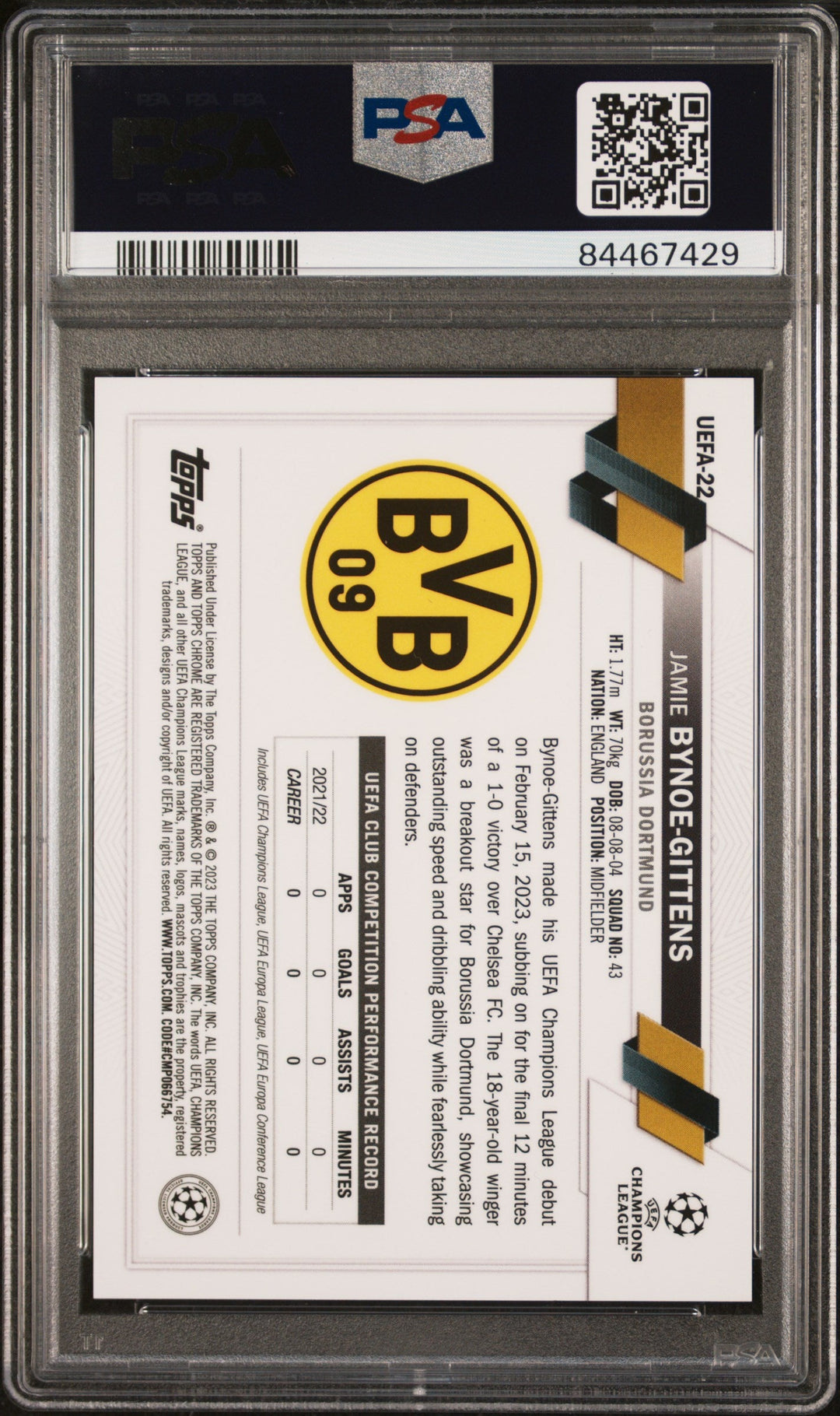 Topps Jamie Bynoe-Gittens Red Refractor /5 Chrome NSCC UEFA 2023 #22 PSA9