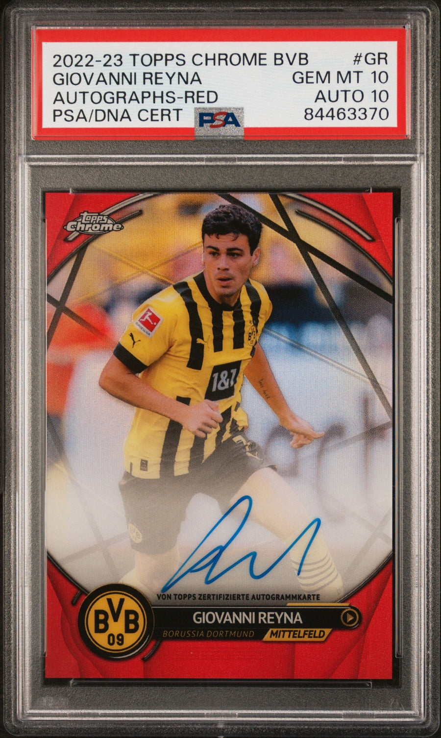 Topps Giovanni Reyna Red On Card Autograph /5 Chrome BVB 2022-23 PSA10